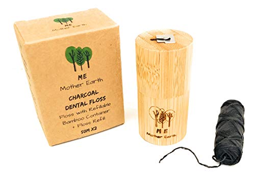 Vegan Biodegradable Bamboo Charcoal Dental Floss With Refillable Bamboo Container | Free Refill | Natural Candelilla Wax | 55Yds X2 | Peppermint Essential Oil | Eco Friendly | Zero Waste Oral Care #TOP5