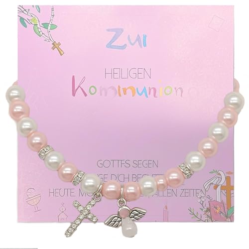 Scinzene Armband für Mädchen - Elegantes Kommunion Geschenk Erstkommunion Geschenke mit Kristallperlen und Anhänger Personalisierbare Geschenkbox inklusive