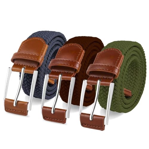 Image of Braided Stretch Belt Mens 3 Pack Woven Belts for Golf & Casual | elastane belts, hole-free fit for all waist, zinc alloy buckle, adjustable fit for golf, jeans, dress pants, and work.