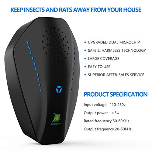 Neatmaster Dual Microchip Ultrasonic Pest Repeller Mice Control Variable Electromagnetic Insect Repellent Reject Rodent Bed Bug Mosquito Ant Fly Cockroach Spider and More, Black