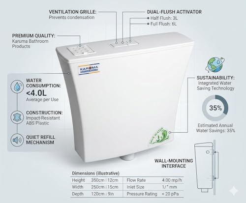 Image of KAROMA Dual Flush Cistern, Water Saving Toilet Flush Tank, Durable Plastic Body, Efficient Water Control System, Easy Installation, Wall Mounted Design, Leak Resistant, Ideal for Modern Bathrooms