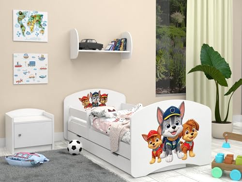 Happy Babies Cama infantil con protección anticaídas, 160 x 80 cm, para habitación infantil, con cajón, colchón, cama individual para niños, color blanco, azul, diseño de perros