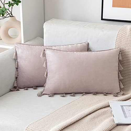 MIULEE Velvet Cushion Covers Home Decoration Tassel Design Pillowcases for Livingroom Sofa Bed Couch Soft Luxury Pure Color with Delicate 2 Pieces 12x20inch 30x50cm Orange