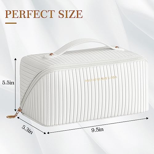 Cretkhp Large Capacity Travel Makeup Bag For Women, Pu Leather Cosmetic Bag With Handle And Divider, Flat Lay Waterproof Makeup Case Organizer Portable Toiletry Bag For Girls (White) #TOP4