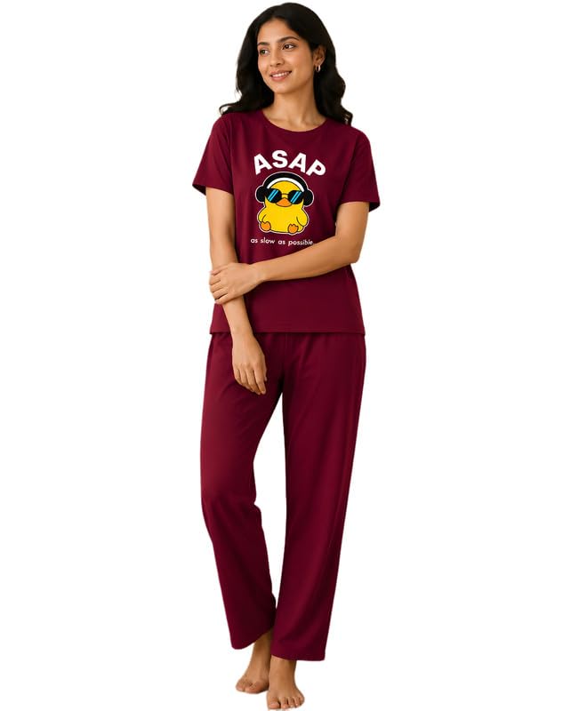 Women's Pure Cotton Top and Pyjama Co-Ord Set | ASAP Graphic Printed Night Suit | Regular Fit Half Sleeve Round Neck T-Shirt & Pajama Sleepwear Loungewear Set (Maroon, 4XL)-image-36