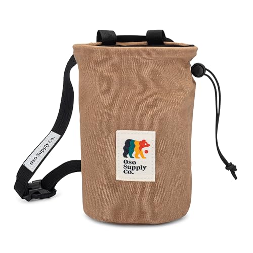 Oso Supply Co - Waxed Canvas Chalk Bag for Rock Climbing, Bouldering Chalk Bucket with Belt, Waterproof, Zippered Pocket - Perfect Rock Climbing Gear, Equipment for Indoor/Outdoors (Tobacco Brown)
