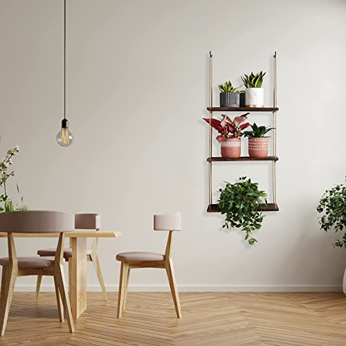 Potey Wall Hanging Shelves 3 Tier, Brown Wood Floating Shelves Indoor With Rope Rustic Storage Rack Home Decor For Window, Kitchen, Bathroom, Bedroom #TOP4