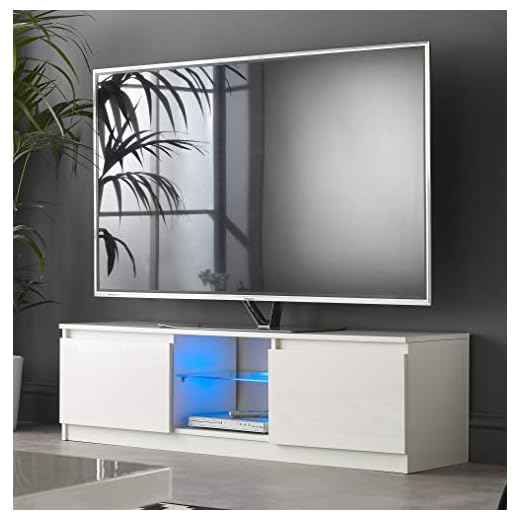 MMT vitt TV-skåp med LED-blå belysning – för 32 40 49 50 tum LED 4K smarta tv-skärmar 1200 mm bred satäng vit enhet med glansig dörrar