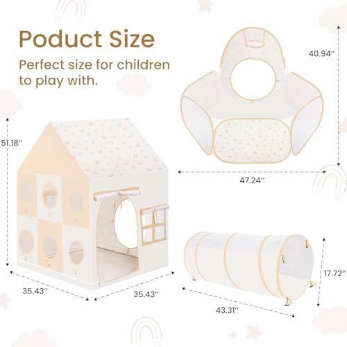 PIIKAGO 3 in 1 Kids Play Tent with Tunnel, Toddler Tent Indoor with Pop Up Ball Pits, Kids Playhouse with Ball Toss Game, for Boys and Girls, Rainbow (Balls Not Included) - Thumbnail 2