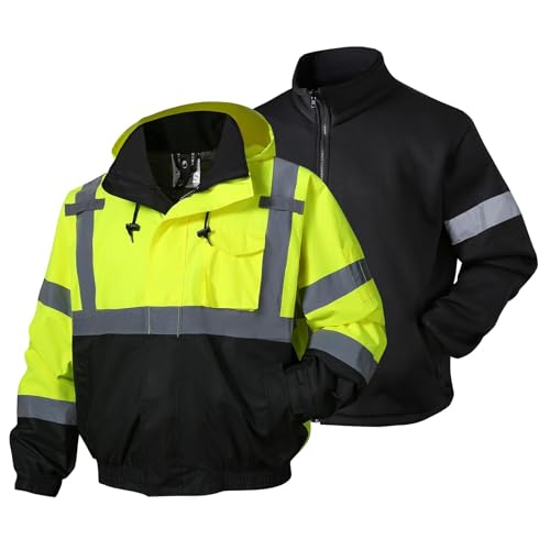 SKSAFETY 3-in-1 High Visibility Winter Bomber Jackets Zip Out Fleece Liner Reflective Safety Coats for men Waterproof ANSI/ISEA Class 3(Lime M)