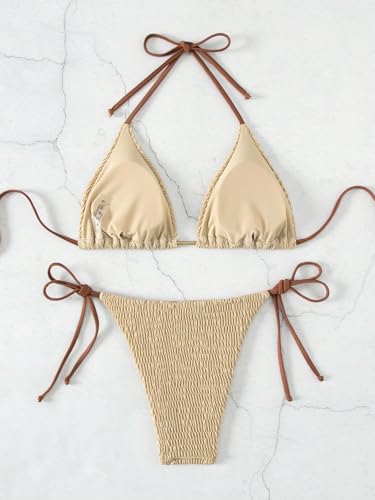 COZYEASE Women's 2 Piece Bikini Sets Smocked Halter Triangle Top Tie Side Bottom Swimsuit Bathing Suit Beachwear2