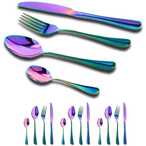 Cutlery Set,16-Piece Stainless Steel Cutlery for 4 People Dinner Spoon Knife and Fork Sets,Tableware and Flatware Rainbow Cutlery Cover