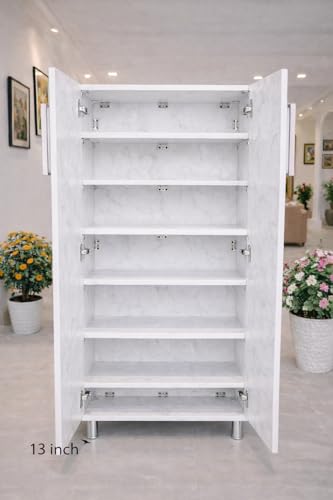 Image of Shoe Rack Organizer, 25 Pair Tower, 6 Shelves, 2 Door, Engineered Wood, with Soft Closer Door, Marble White,Easily accommodate Upto UK Size 10