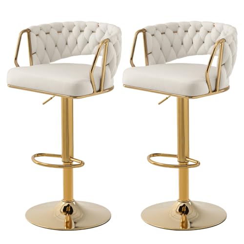 Juego de 2 taburetes de bar de terciopelo, altura regulable, giratorio 360°, taburete de cocina, taburete para mostrador, con respaldo trenzado a mano, reposapiés dorado, silla de bar para, blanco