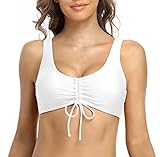 SHEKINI Damen Bademode U Ausschnitt Verstellbar Kordelzug Bikinioberteil Rückenfrei Breite Träger Badeanzug(M, Weiß)