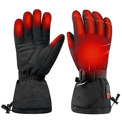 Electric Heated Gloves for Men & Women, Rechargeable with Dual 2200mAh Batteries, 3 Adjustable Heat Settings, Waterproof Touchscreen Ski Gloves for Wi
