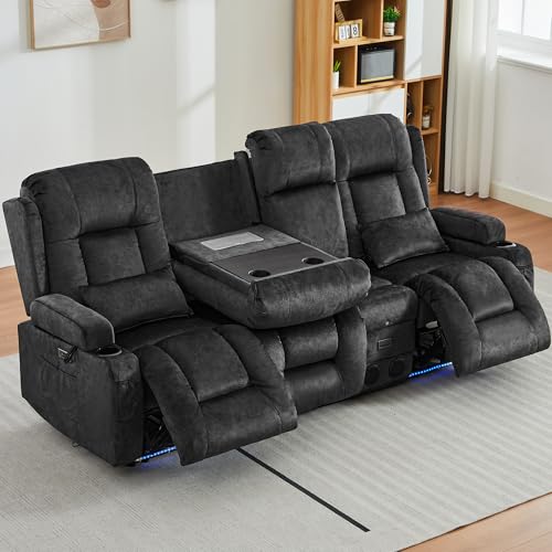 Image of URRED Power Loveseat Recliner Sofa with Massage and Heat, Wall Hugger Reclining Loveseat with Console, RV Couch Home Theater Seating with LED Lights for Living Room (Dark Grey, 89.8 inch - 3 Seats)