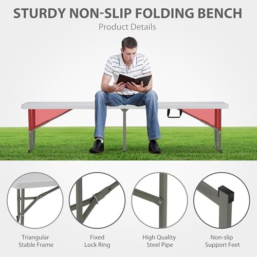 Candockway 6ft Plastic Folding Bench with Carrying Handle & Lock, Portable Outdoor Bench in Garden Picnic Camping Dining Party Seat, Waterproof Bench for Soccer Activities, Firm and Durable (2Pack A) - Thumbnail 5