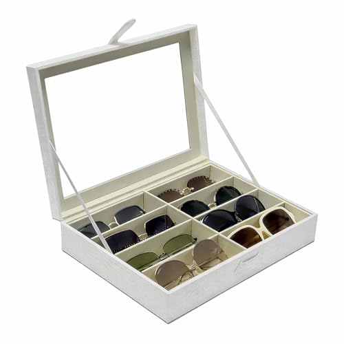 UnionPlus Boîte de rangement en cuir synthétique avec 8 emplacements pour lunettes de soleil, Croco blanc - Boucle en cuir, Large