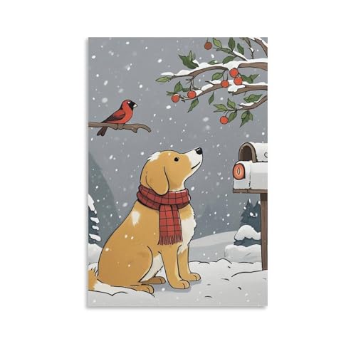 Toile murale à suspendre chien et neige 60x90 cm pour déco salon