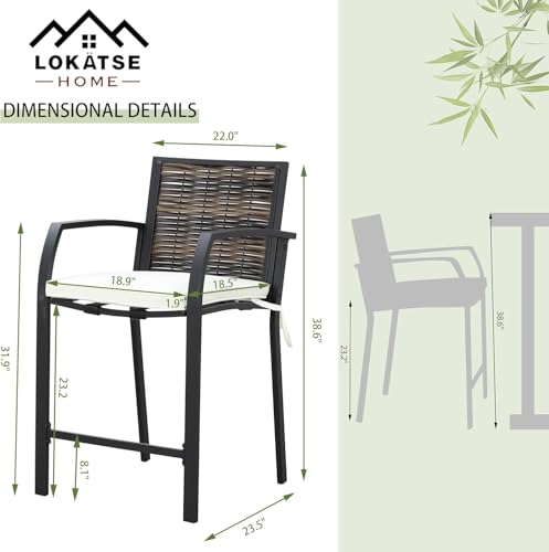 Image of LOKATSE HOME Bar Stools Counter Height Chair Set of 4 Wicker Decoracted Patio Furniture with Armrest for Garden Pool Lawn Backyard