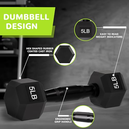 Fitvids Rubber Encased Exercise & Fitness Hex Dumbbell, Hand Weights with Anti-Slip Metal Handle for Home Gym, Multiple Sizes - Image 4