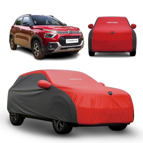 Image of PROTEGO Prime Series India's 1st Anti-Tear Car Cover for Citroen C3 | Heavy-Duty, Custom Fit, All Weather Protection | 100% Waterproof, Windproof & Hail Resistant | 2-Year Warranty | Red + Black
