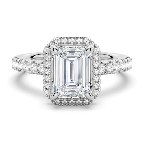 MSBLUE 1ct Engagement Ring, Emerald Cut with Halo, 14K White Gold Vermeil, Rhodium Finish