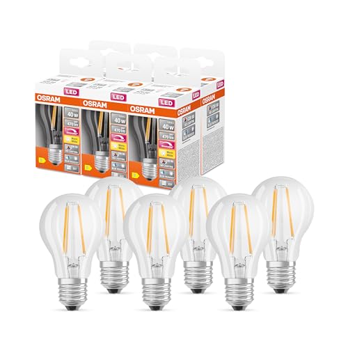 OSRAM SUPERSTAR+ CLASSIC A FIL 40 LED-Lampe, E27, Kolbenform, 3,4W, 470lm, 2700K, warmweißes Licht, stark reduzierter Blauanteil, geringere Augenbelastung, dimmbar, 6-Pack