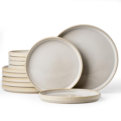 Image of Famiware Star 12-Piece Stoneware Flat Plate Set for 6-10.5 inch Dinner Plates & 8 inch Salad Plates, High Edge Dinnerware with Trim, Chip & Scratch Resistant, Microwave & Dishwasher Safe, Cappuccino White