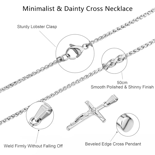Speroto Jesus Cross Necklace for Men, Silver and Gold Mens Carved Jesus Cross Pendant with Wheat Chain, Simple Jewelry Gift for Men Women2