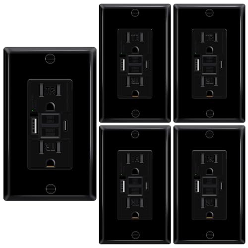5 Pack Black 15A GFCI Outlet with USB Ports(Type A &amp; C, 4.8A/24W Total Output), GFI Electrical Outlet with 2 USB Charging Ports- Self-Test Tamper-Resistant with LED Indicator, ETL Listed