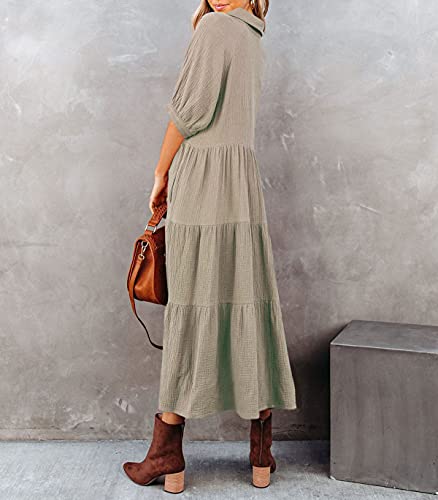 R.Vivimos Women's Summer Cotton Half Sleeves Button Down Casual Loose Slit Midi Dress with Pockets3