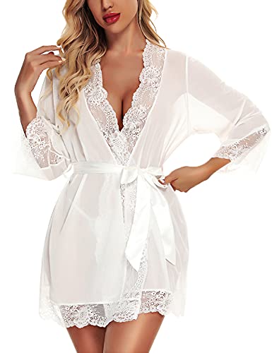 RSLOVE Women Lace Kimono Robe Babydoll Chemise Lingerie Bride Robe for Wedding Party