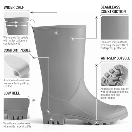 Image of HISEA Women Rubber Boots Wide Calf Rain Boots Matte Surface Waterproof PVC Rubber Rain Boot Mid Height Rain Shoes for Outdoor Gardening Work Walking