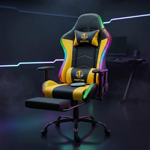 Image of RAPTOR NEXUS RGB Gaming Chair with Bluetooth Speakers, Full-Body Multi-Zone Massage, Recliner with Footrest, 3D Armrests & LED Lighting | Ergonomic PU Leather Gaming Chair for Gaming & Office (Yellow)