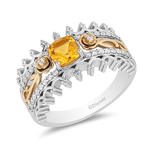 Jewelili Enchanted Disney Fine Jewelry Sterling Silver and 10K Yellow Gold with Citrine and 1/4 CTTW Diamond Belle 30th Anniversary Ring