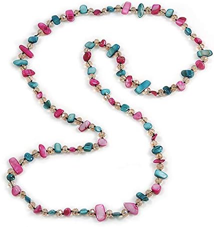Avalaya Long Teal, Magenta Shell/Light Beige Glass Crystal Bead Necklace - 115cm L, beige, teal, fuchsia - Image 5