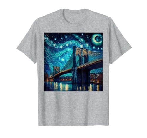 Brooklyn Bridge New York Starry Night T-Shirt, Men, Heather Grey, Medium