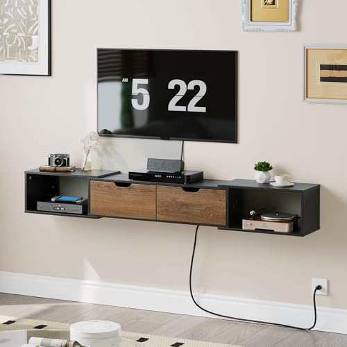 HOOBRO 62.2' Floating TV Stand with Power Outlet, Corner Floating Entertainment Center, Wall Mounted Entertainment Center with Storage for Living Room, Under TV Shelf, Walnut and Black BH77UDS01