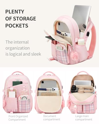 Image of Cute School Backpack for Teen Girls, 3Pcs Kids Bookbag with Lunch Box Pencil Pouch for Elementary Middle High School College, Water Resistant Laptop Backpacks Back to School Gift, Pink Tartan