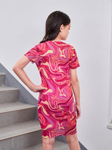 WDIRARA Girl's Marble Printed Lettuce Trim Dress Short Sleeve Crewneck Bodycon Dress2