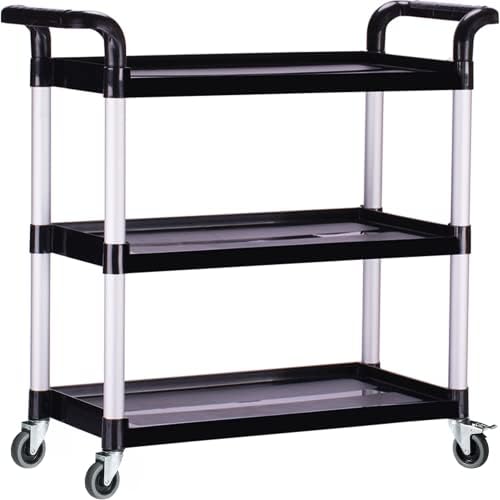 PELOEMNS Plastic Utility Carts with Wheels, Heavy Duty 510lbs Capacity Rolling Service Cart, 3-Tier Restaurant Food Cart with Hammer for Office, Warehouse, Garage (Lockable Wheels, Black)