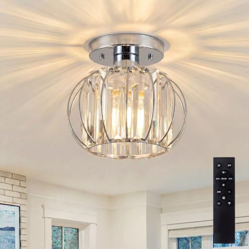 Image of SURPALIG Modern Dimmable Oval Crystal Flush Mount Ceiling Light with Remote Control, Silver Mini Chandelier, E26 LED Bulb Included, Small Ceiling Lamp for Hallway, Kitchen, Bedroom, Dining Room & Bar