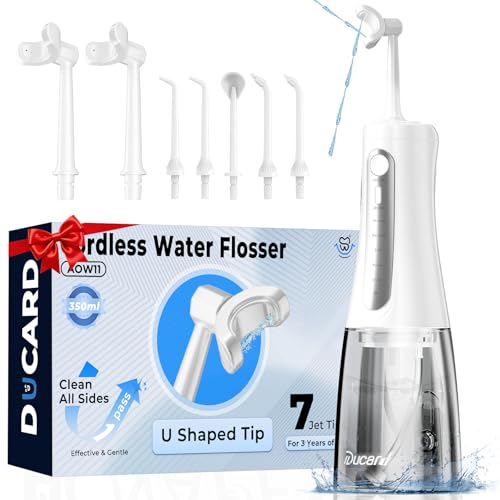 Ducard Cordless Water Flosser for Teeth U-Shaped Flossing 360 Deep Clean 5 Modes 7 Jet Tips for Adult & Child Portable Rechargeable Dental Flosser Pick for Braces Travel 350ML Large Tank