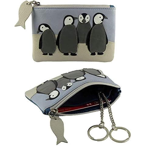 Penguin Family Real Leather RFID Blocking Coin Key Card Purse Blue/Beige Cover
