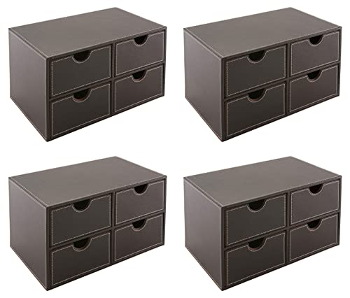 OSCO Faux Leather 4 Drawer Storage Chest, Stylish Desk Organiser for Stationery, Makeup, Jewellery & Accessories, Stackable Compact Drawer Box with Felt Lining for Home or Office, Brown