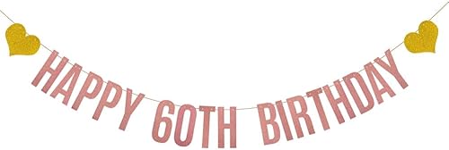 Miniatura 1 de ABCpartyland - Cartel de papel con purpurina de oro rosa para cumpleaños 60, suministros de decoración de fiesta de cumpleaños 60, pre-encordado,