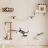 HHOFURN 5-in-1 Cat Wall Shelves Set with Hammock, Wall-Mounted Cat Furniture Includes Condo, Bridge, Ladder & Steps for Indoor Cats, Safe & Stable (Gray)