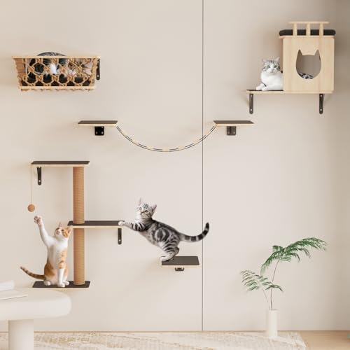HHOFURN 5-in-1 Cat Wall Shelves Set with Hammock,...